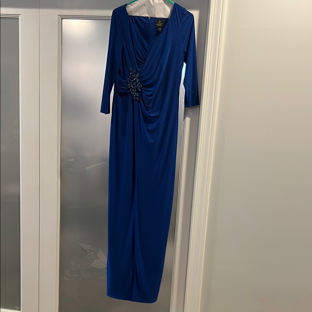 Adrianna Papell Blue Ruched Long Sleeve Gown